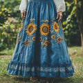 Sunflower Embroidered Lace Art Flowy Linen Skirt artswardrobe