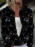 Comstylish Cute Fuzzy Black Cats Round Neck Cozy Cardigan