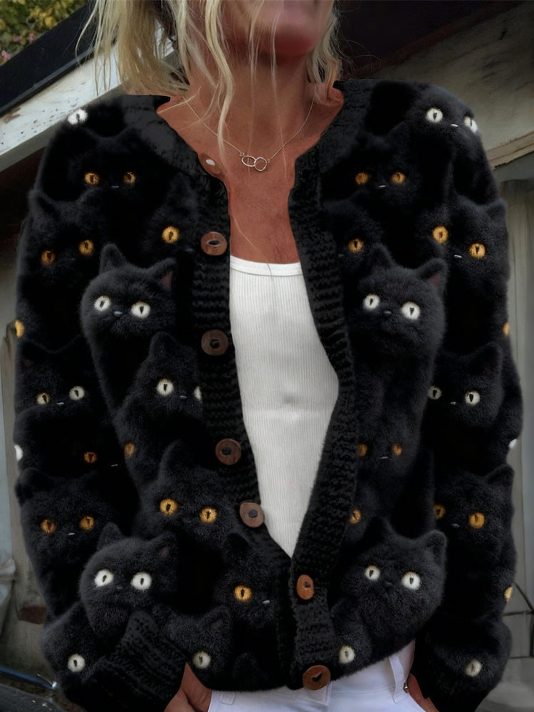 Comstylish Cute Fuzzy Black Cats Round Neck Cozy Cardigan