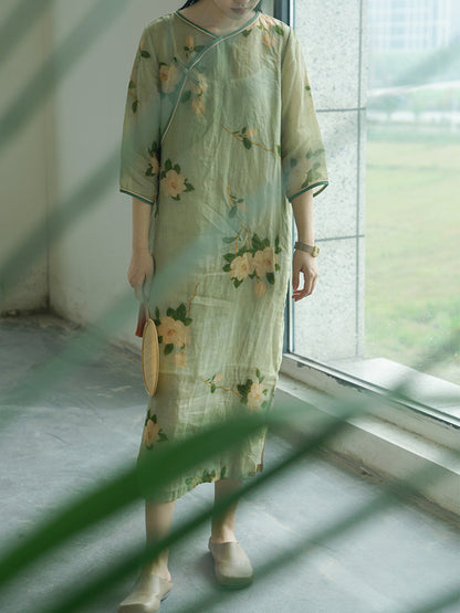 Artsy Flower Print Button Linen Robe Dress