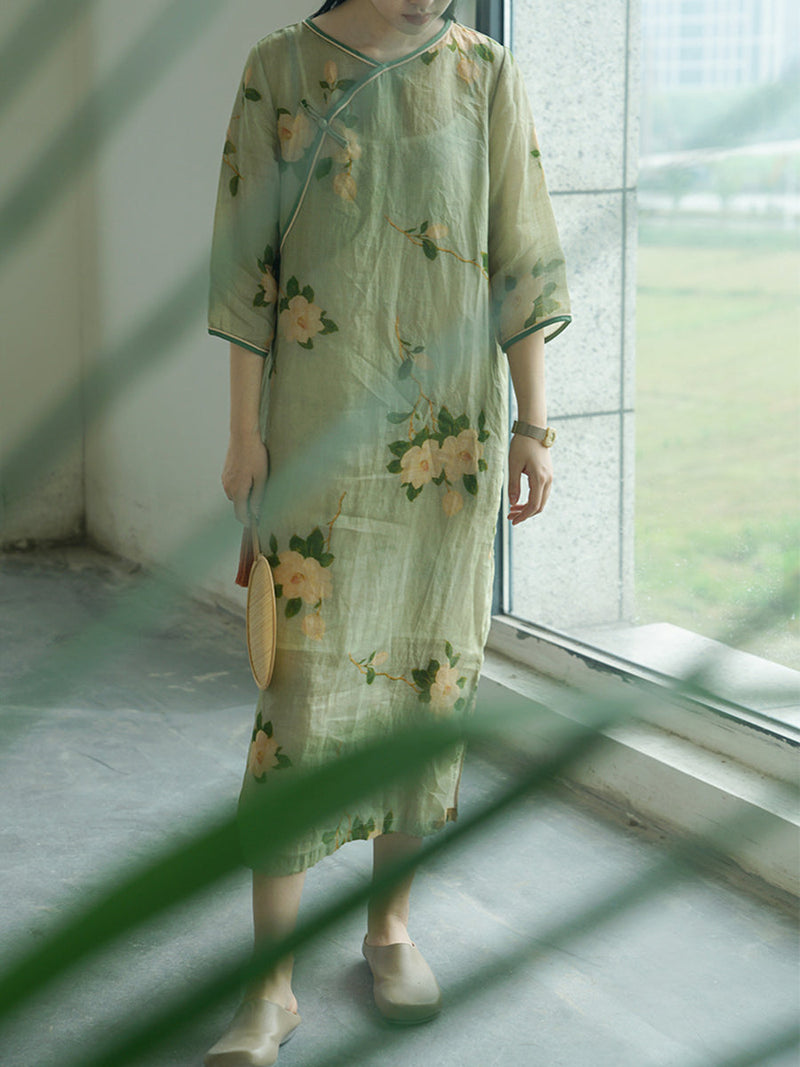Artsy Flower Print Button Linen Robe Dress