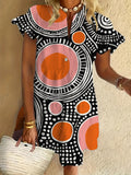 Geometry Floral Print Ruffled Short-sleeved V-neck Buttoned Dress Vacation Beach Dress