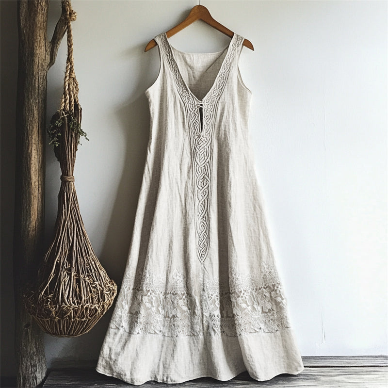 Vintage Celtic Knot Lace Patchwork Linen Tank Dress artswardrobe