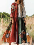 Women's Vintage Floral Collage Art Print Flowy Cotton Crew Neck Dress