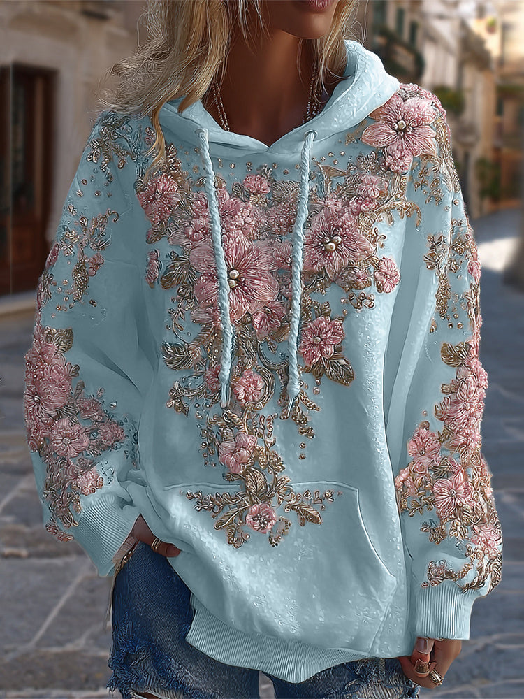 Women's Classic Floral Embroidery Art Comfy Hoodie artswardrobe