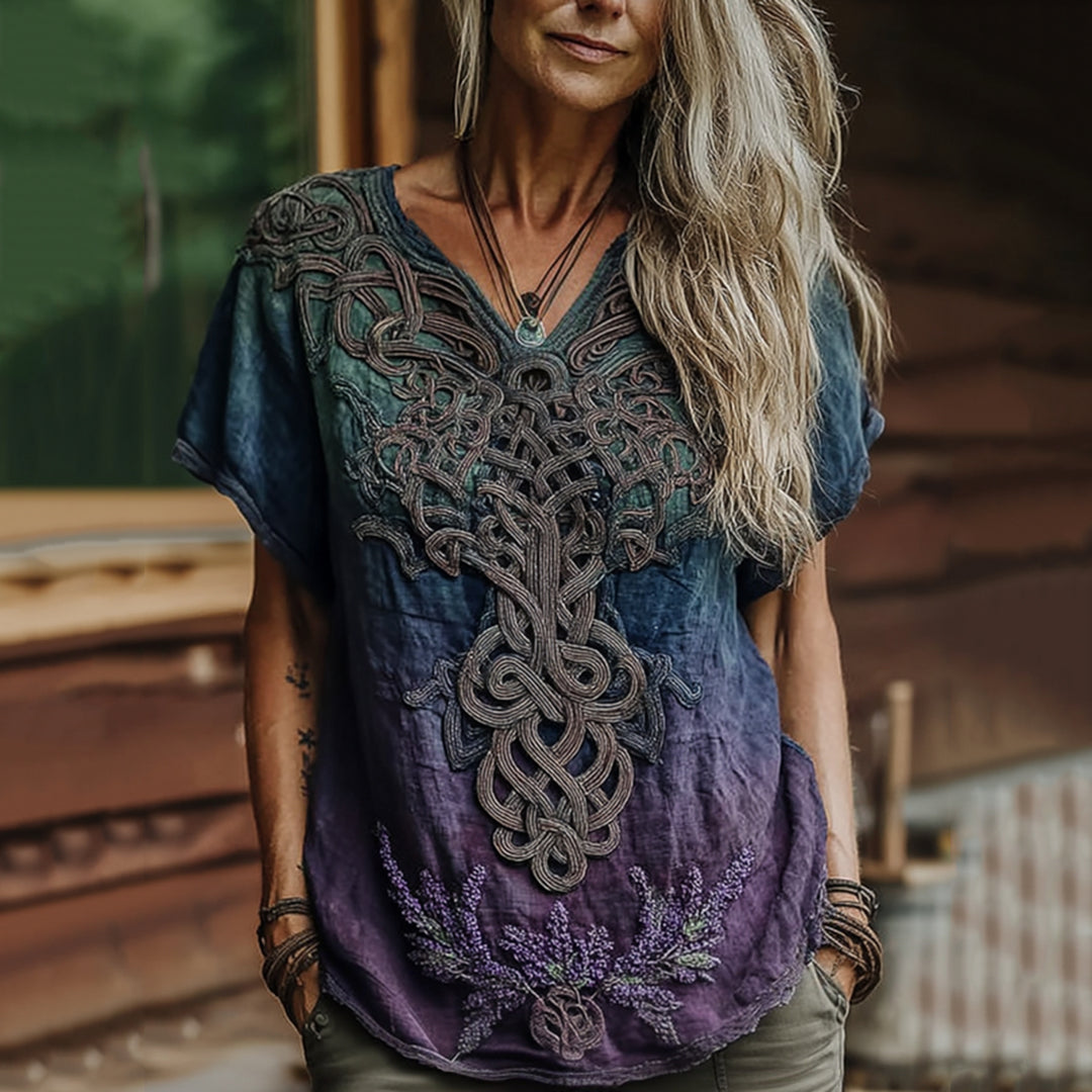 Vintage Viking Celtic Knot Gradient Art Women's Linen V Neck T-shirt artswardrobe