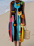 Funny Colorful Cats Pattern Linen Tank Dress artswardrobe
