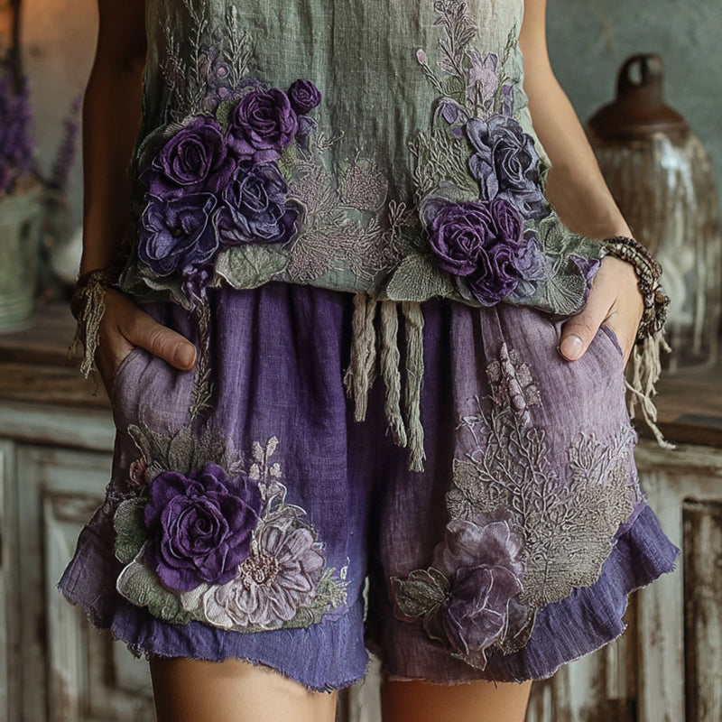 Women's Classic Purple Lavender And Floral Embroidered Linen  V-neck Vest And Linen Shorts Two-piece Set artswardrobe