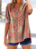 Women's Ethnic Totem Art Print Short Sleeve V-Neck Cotton and Linen Sh