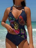Women's Vintage Butterfly Art Print Summer Beach Halter Top And Solid Color Triangle Briefs Tankini Set