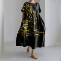 Comstylish Japanese Art Vintage Flock Of Fish Print Casual Art Linen Blend Maxi Dress
