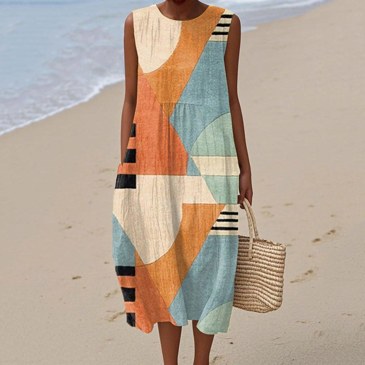 Women's Vintage Geometry Color Block Print Cotton Dress artswardrobe