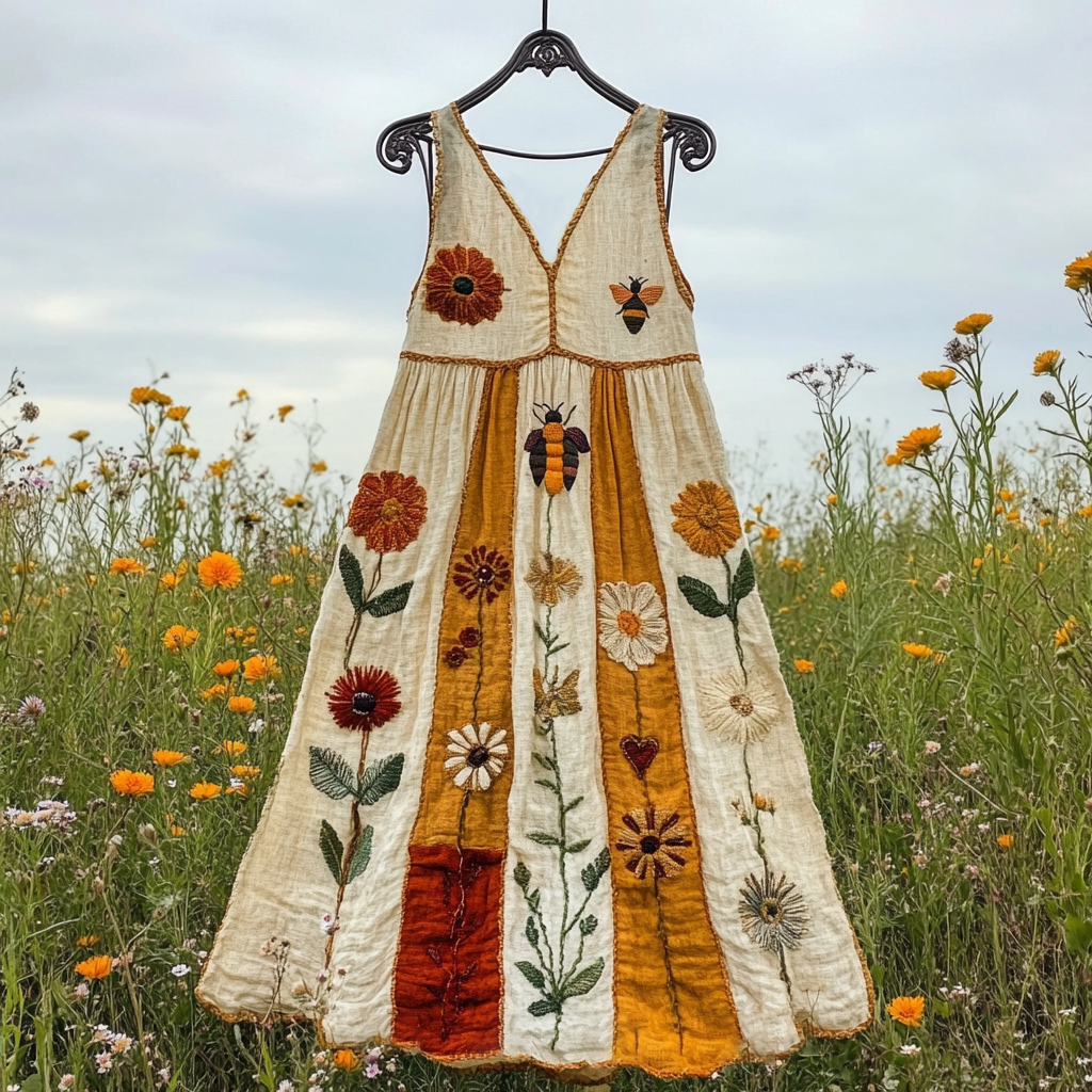 Women's Vintage Floral Bee Art Embroidery Short Dress artswardrobe