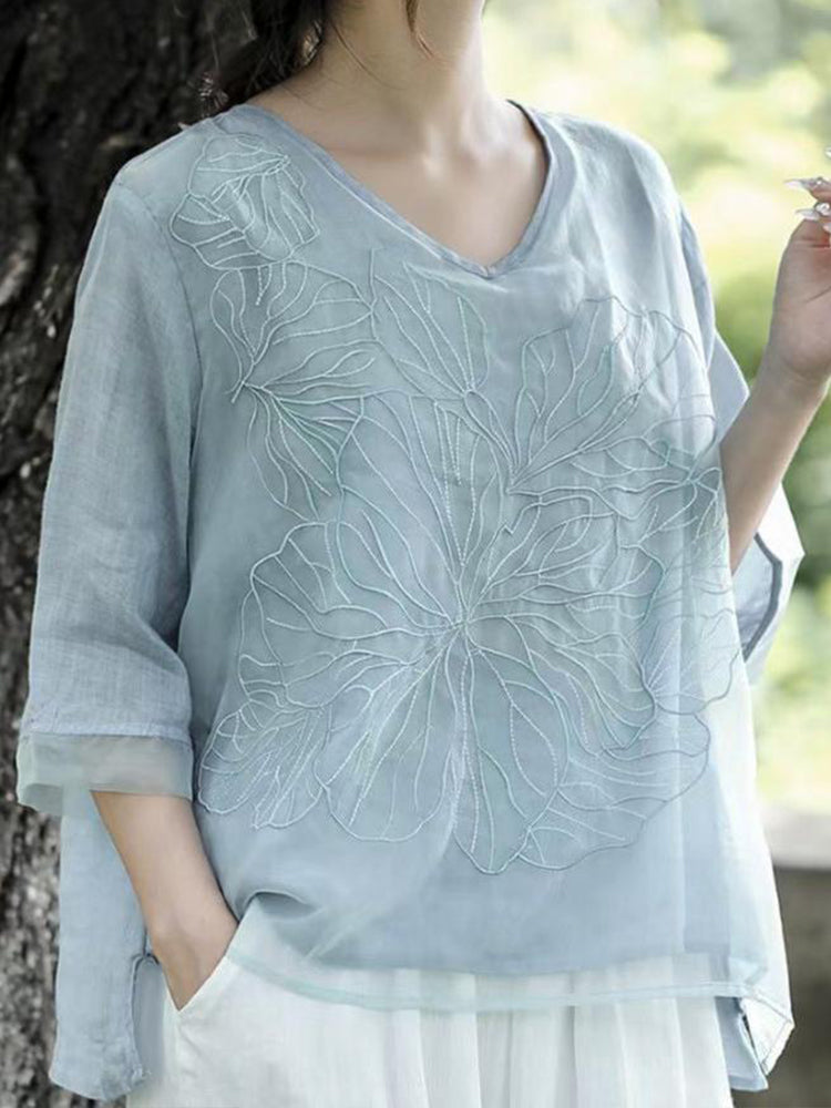 Comstylish Women's Floral Embroidery Linen Blend V-Neck Shirt