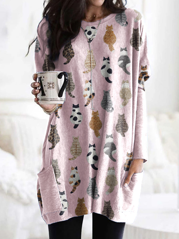 Comstylish Cute Cats Embroidery Pattern Long Sleeve T-Shirt
