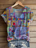 Women's Retro Ethnic Patchwork Art Pattern Print V-neck Casual T-Shirt