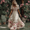 Women's Vintage Rose Embroidery Art Round Neck Short Sleeve Maxi Dress