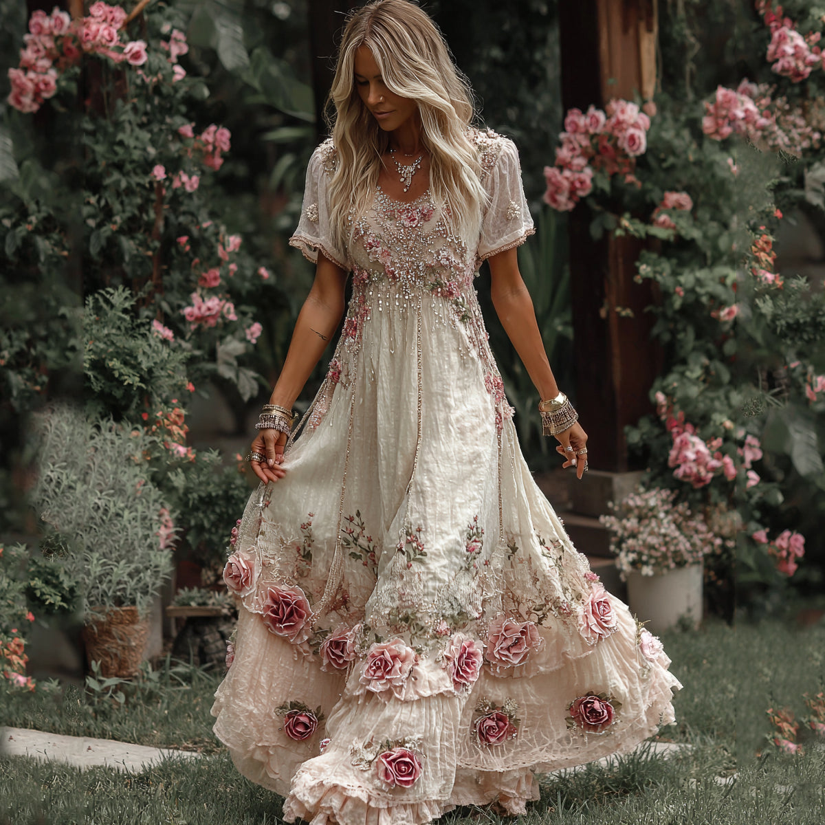 Women's Vintage Rose Embroidery Art Round Neck Short Sleeve Maxi Dress