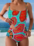 Women's Ethnic Geometric Art Print Summer Beach Halter Top And Solid Color Triangle Briefs Tankini Set