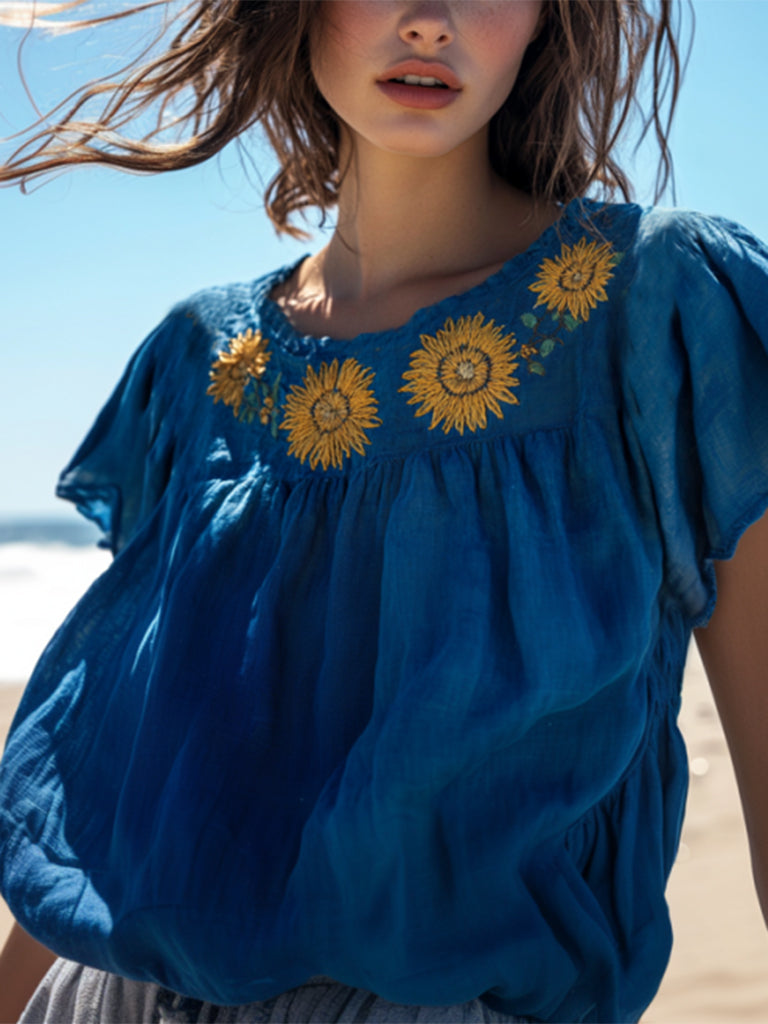 Comstylish Vintage Sunflower Embroidered Art Cotton Linen Comfy Shirt