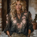 Comstylish Bohemian Style Pink Rose Black Casual V-neck Long Sleeved Top