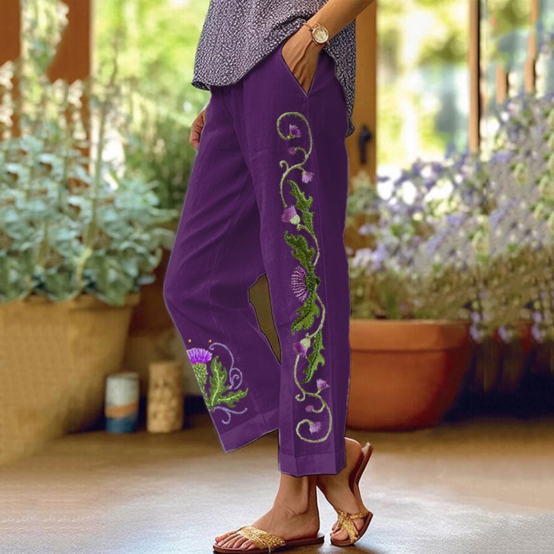 Scottish Thistle Embroidered Linen Blend Pants artswardrobe
