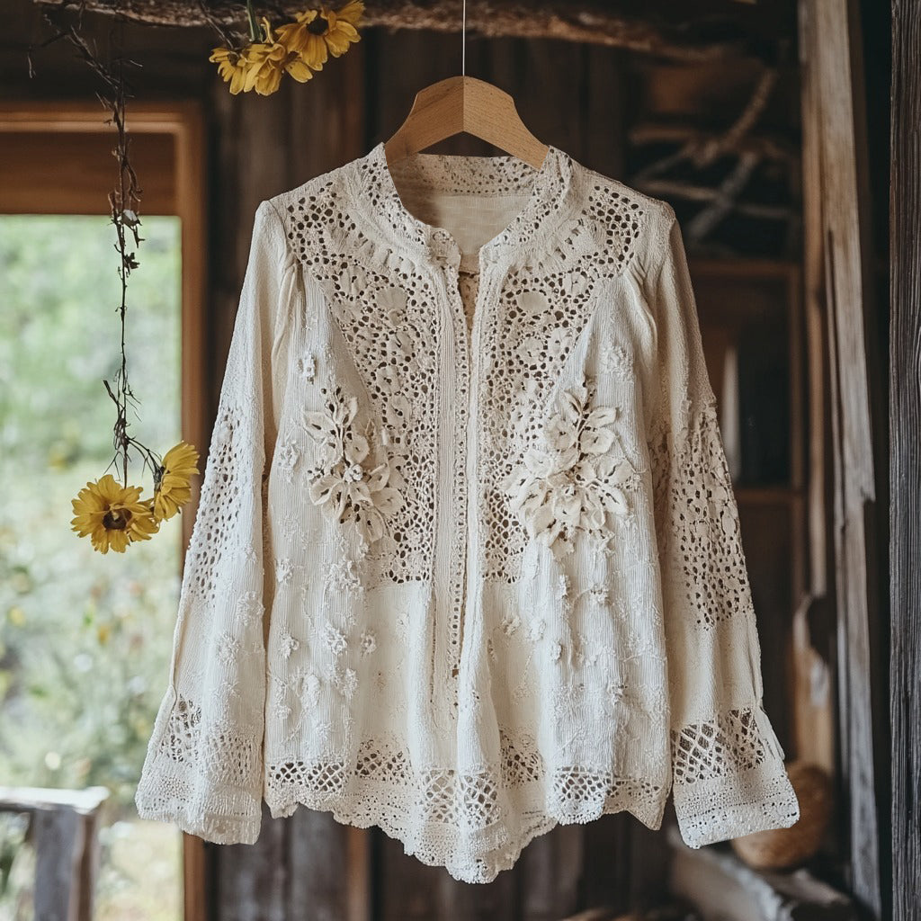 Comstylish Women's Retro Floral Lace Embroidery Art V-neck Shirt