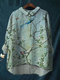 Plum Blossom Bird Print Elegant Cotton And Linen Shirt