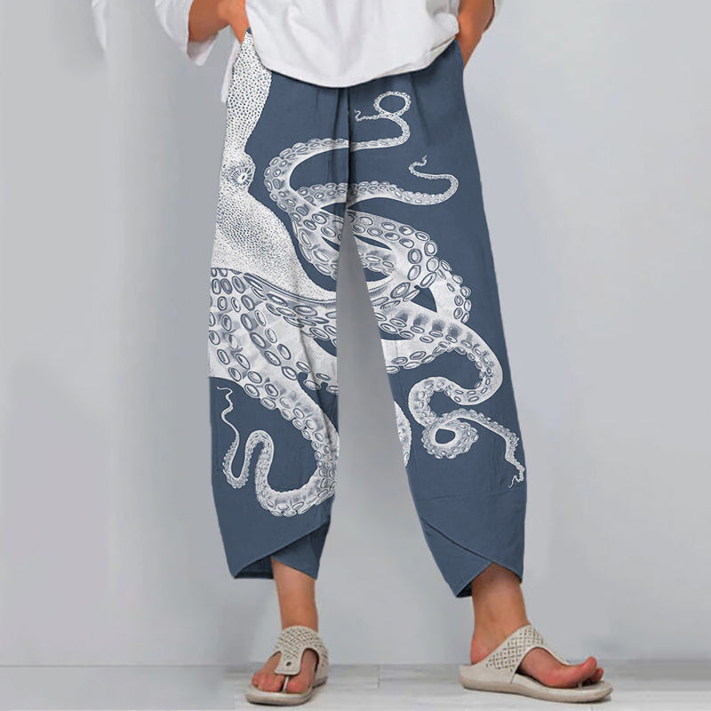 Comstylish Japanese Art Octopus Print Casual Pants