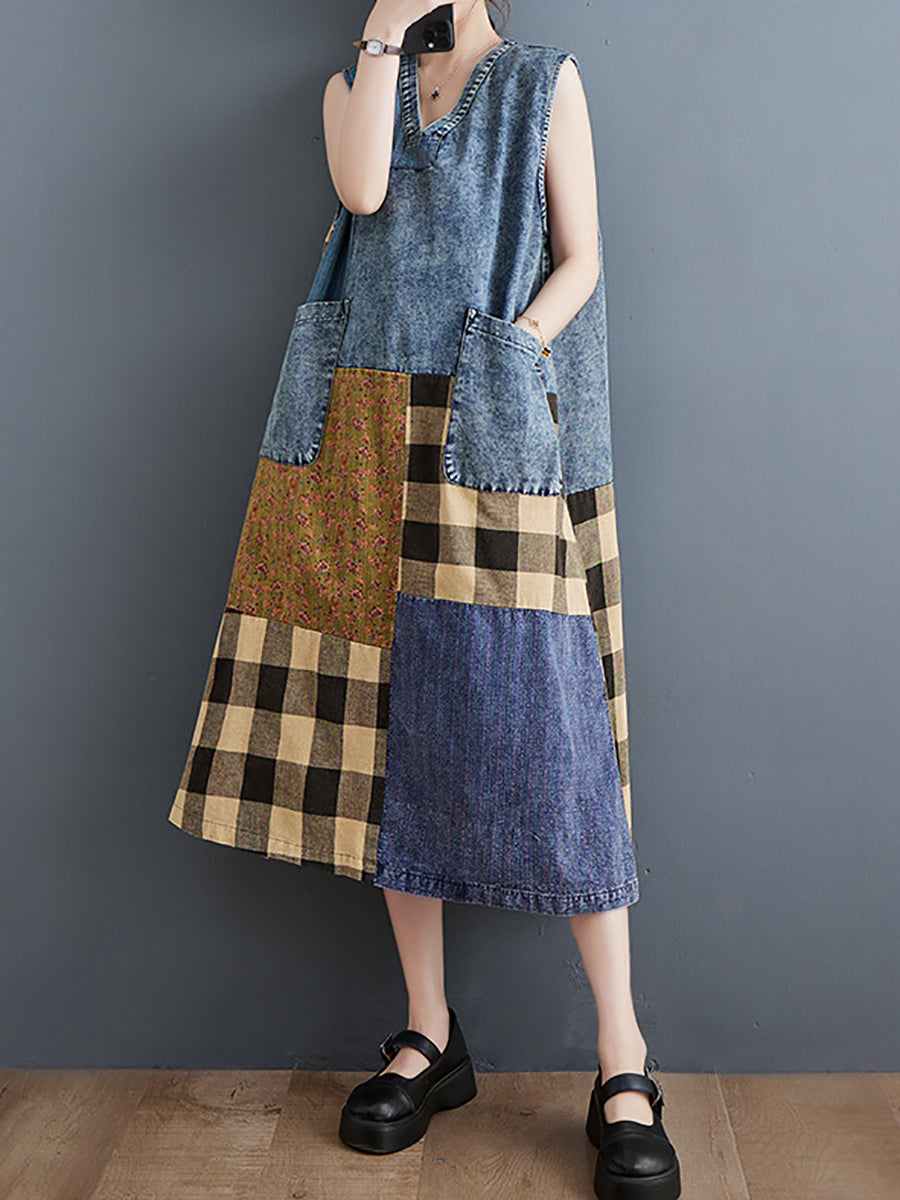 Summer Patch Spliced Pocket Denim Vest Dress
