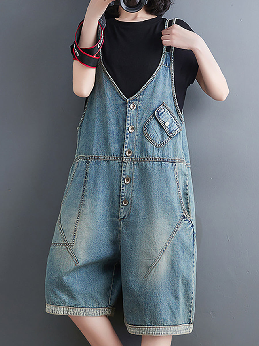 Washed Pocket V-neck Denim Jumpsuits