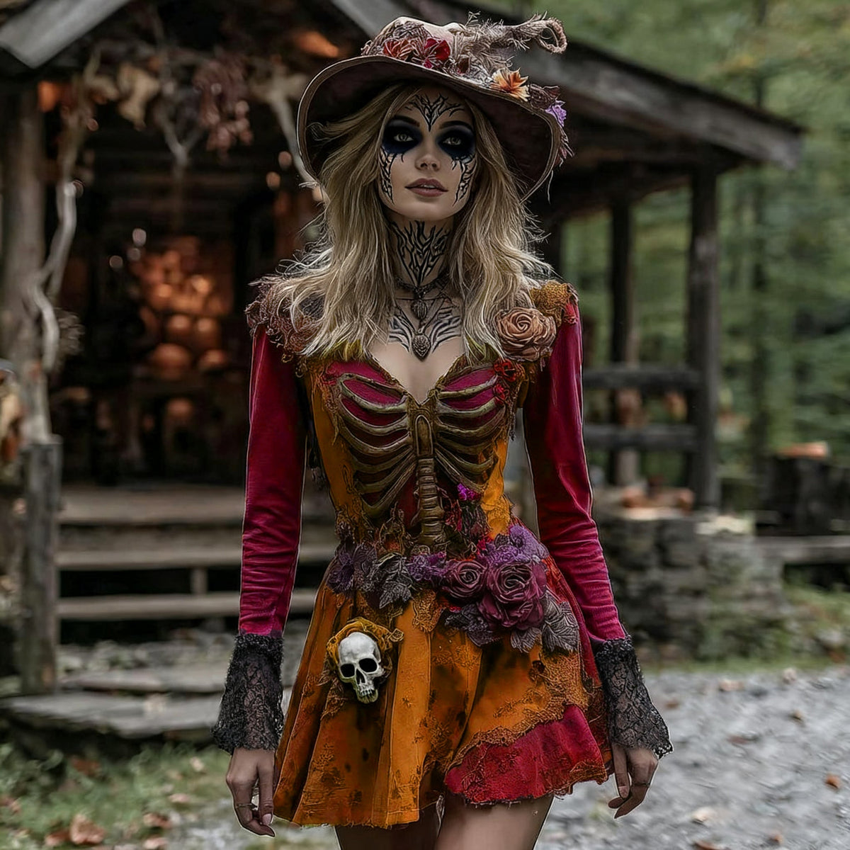 Comstylish Halloween Rose Skeleton Witch Cosplay Midi Dress