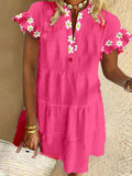 White Flowers On Pink Background Ruffled Short-sleeved V-neck Buttoned Dress Vacation Beach Dress