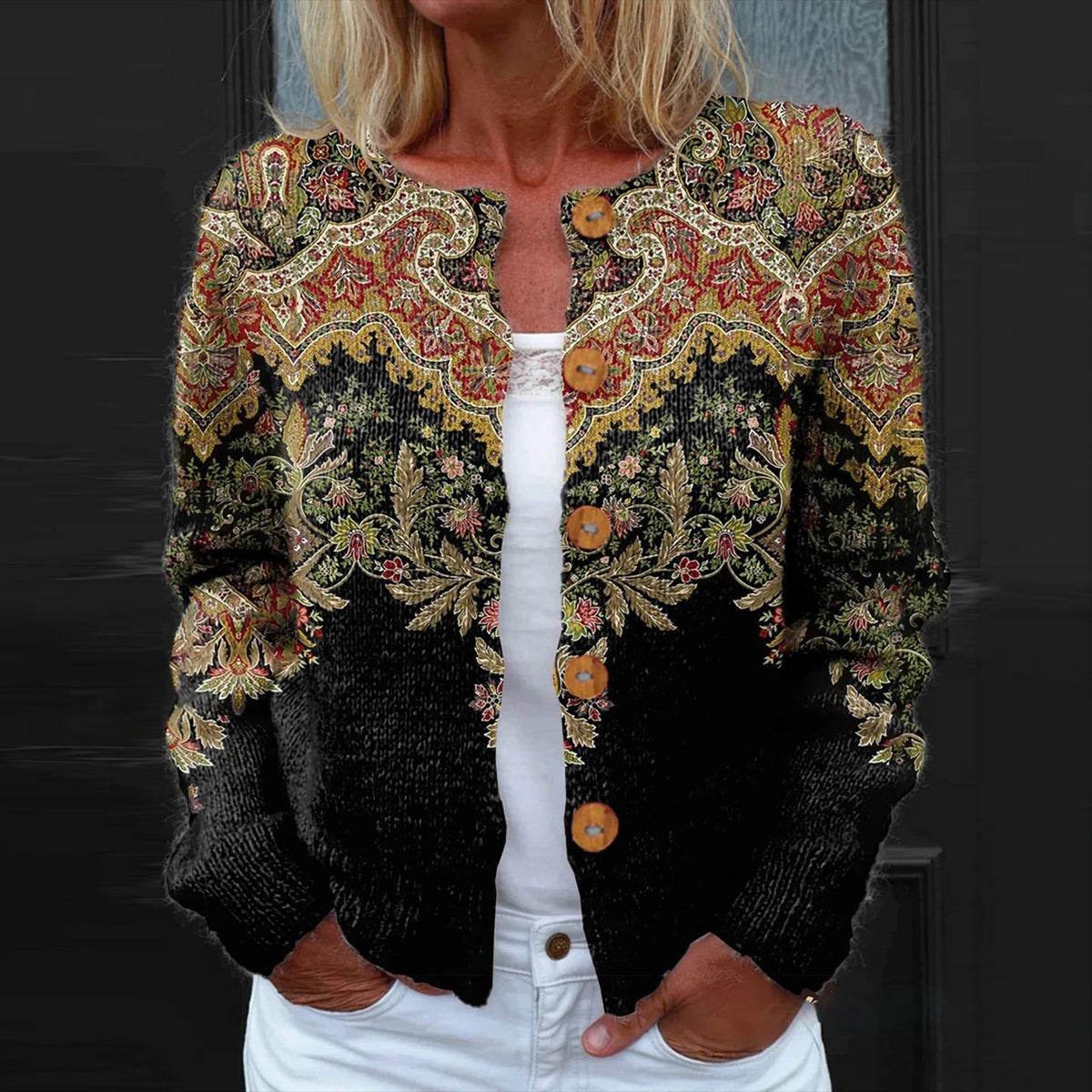 Comstylish Women's Retro Ethnic Flower Print Cozy Knitted Sweater Cardigan