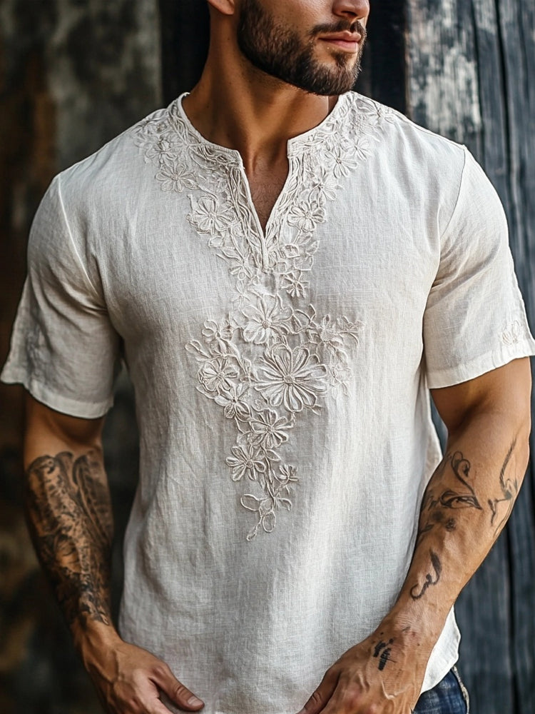 Men's Floral Lace Embroidered Linen Cozy Shirt artswardrobe
