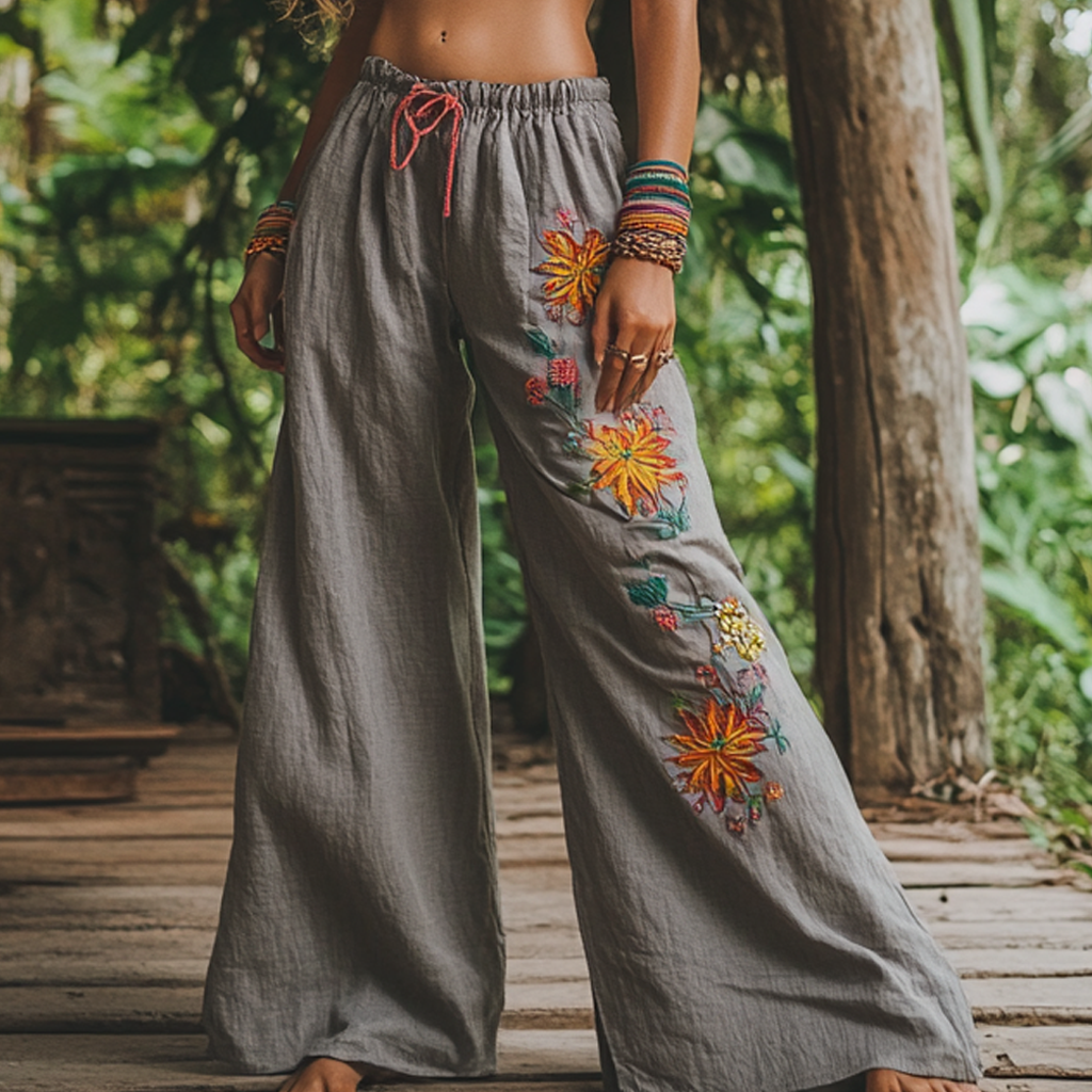 Bohemian Holiday Style Retro Linen Bohemian Leaf Ethnic Totem Print Linen Long Loose Wide-leg Pants artswardrobe