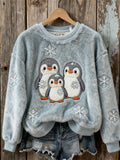 Lovely Penguins & Snowflakes Embroidered Cozy Plush Sweatshirt