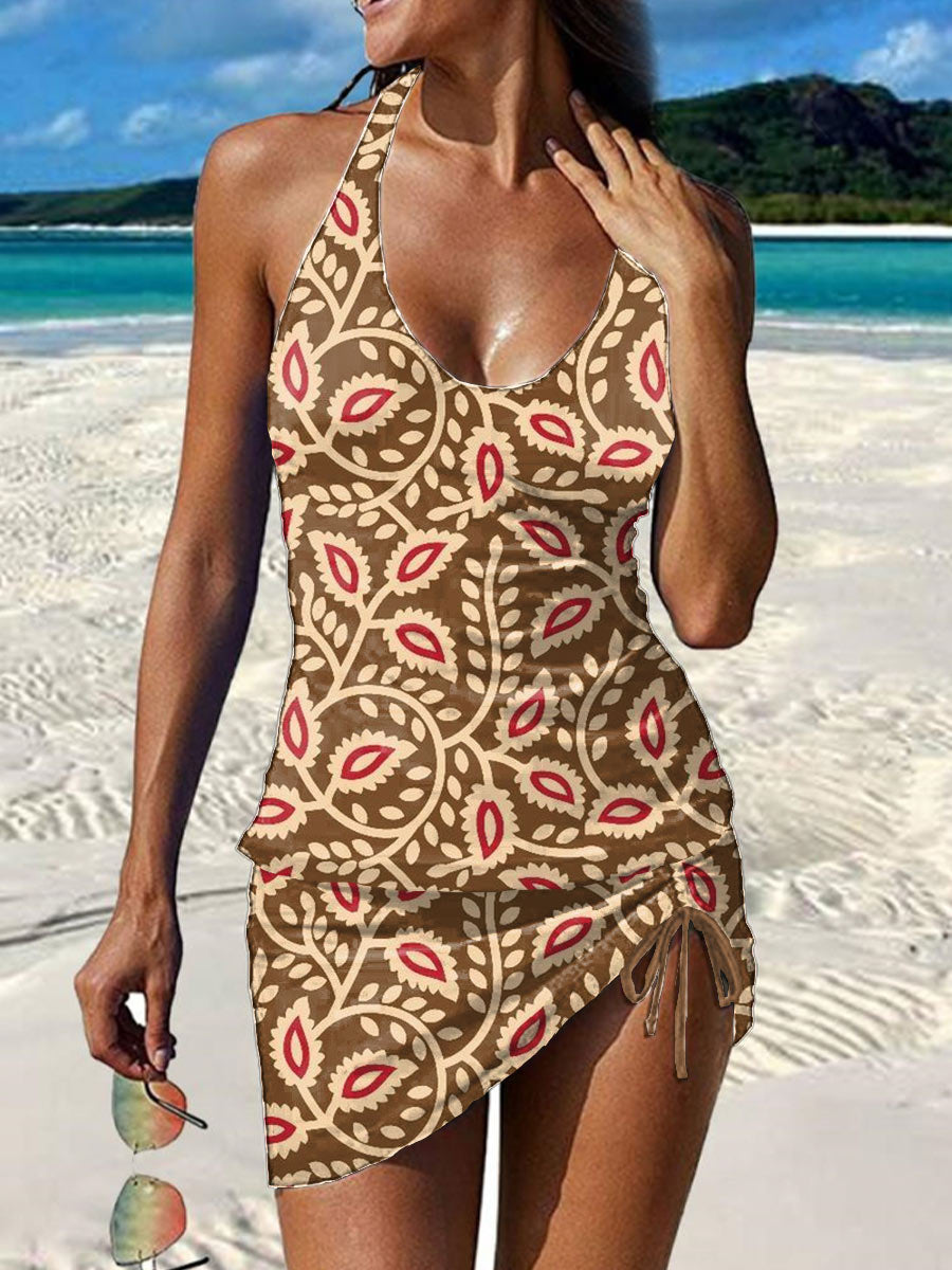 Women's Vintage Floral Art Print Pleated Drawstring V-neck Tankini Pantskirt Set Swimsuit