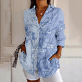 Women's Vintage Floral Contrast Art Print Casual Linen Shirt artswardrobe