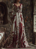 Comstylish Halloween Bloody Roses Rib Cage Bandages Flowy Linen Maxi Dress