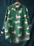 Cartoon Dachshund Dog Repeat Pattern Printed Women's Casual Cotton And Linen Shirt