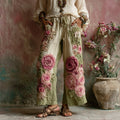 Vintage Floral Embroidered Art Print Linen Blend Pants artswardrobe