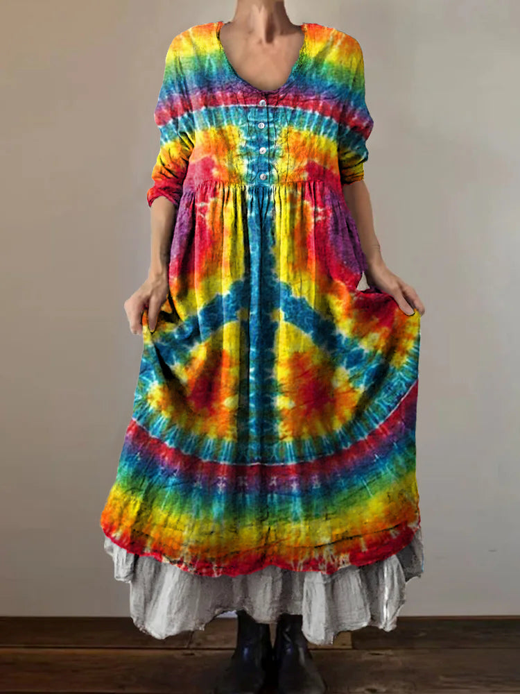 Women's Hippie Tie Dye Art Print V-Neck Button Pocket Cotton Dress
