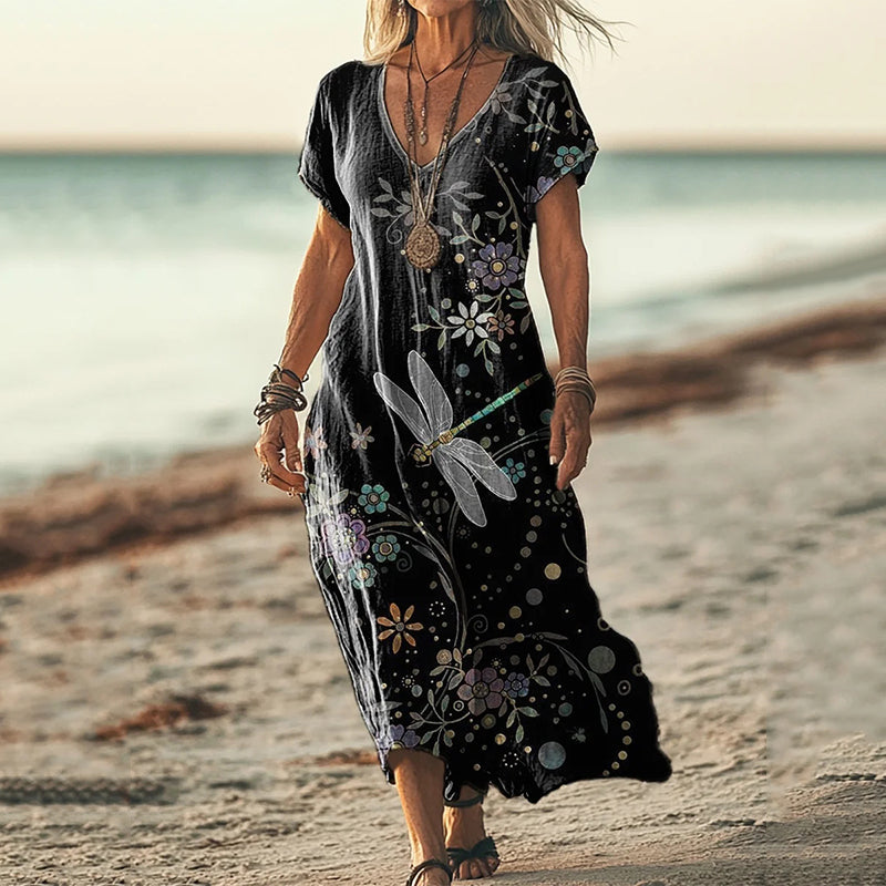 Dragonfly Floral Art Print Short Sleeve Linen Midi Dress artswardrobe
