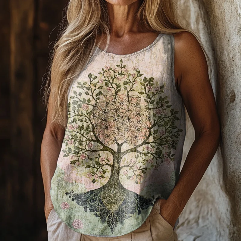 Women's Retro Viking  Hippie Tree Of Life Style Linen Sleeveless Tank Top artswardrobe