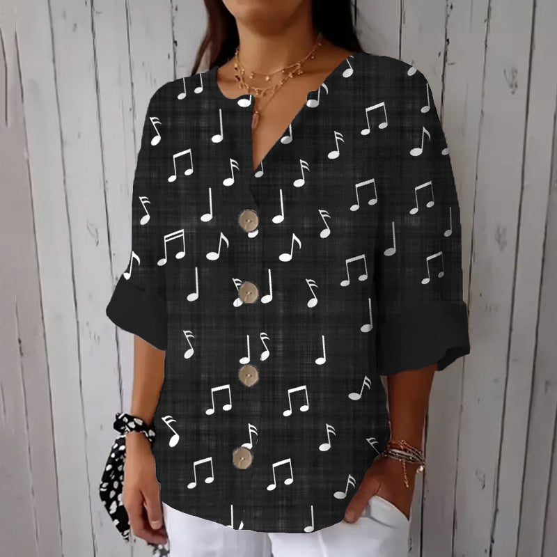 Comstylish Musical Notes Pattern Print Linen Casual Shirt