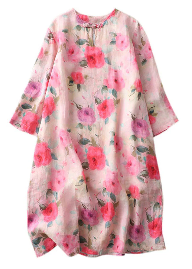 Grace Print O-neck Button Cotton Mid Dress Half Sleeve