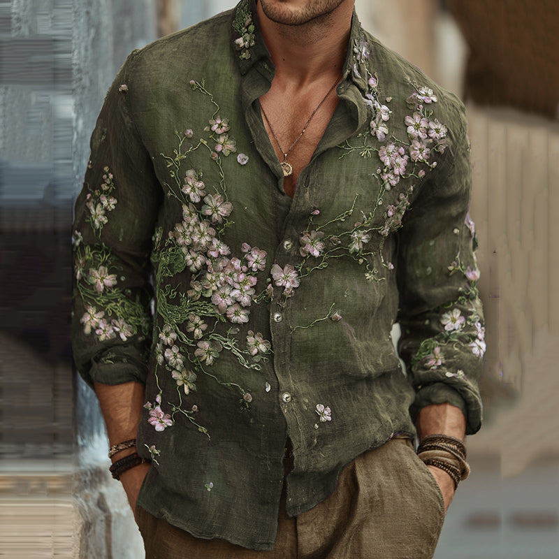 Men's Vintage Japanese Sakura Embroidered Art Lapel Long Sleeve Linen Shirt artswardrobe