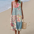 Vintage Floral Patchwork Art Linen And Cotton V Neck Tank Dress artswardrobe