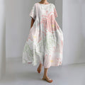 Comstylish Japanese Art Chrysanthemum Print Round Neck Short Sleeve Midi Dress